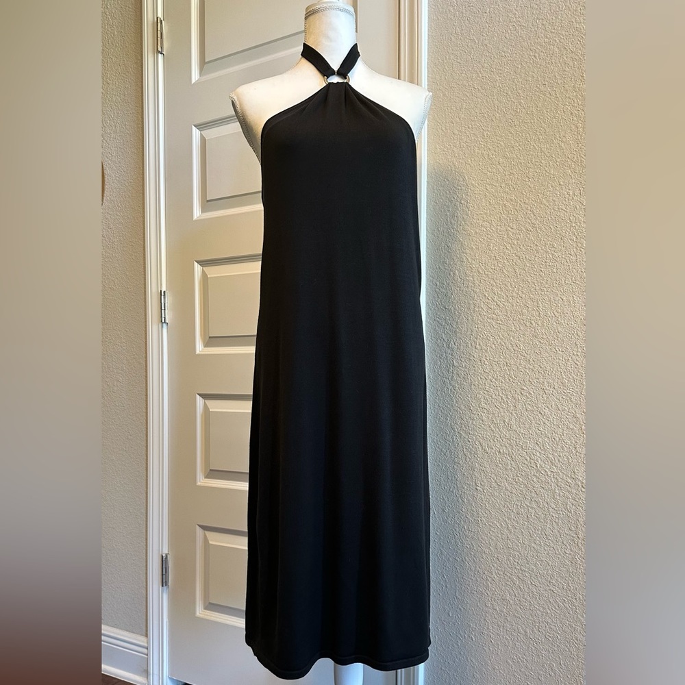 NWT Lauren Ralph Lauren Silver Ring Halter Black Silk Dress Sz Large